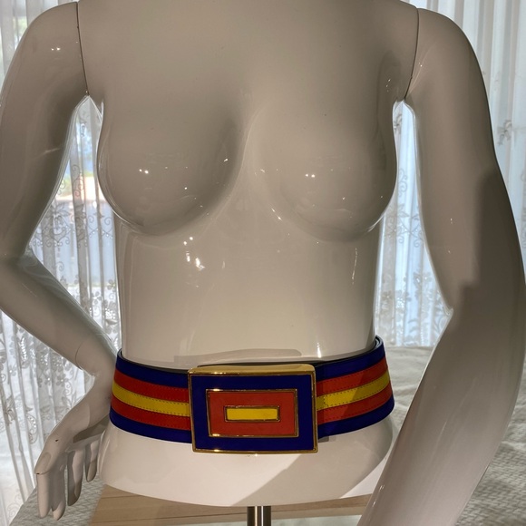 ESCADA - Vintage - Adjustable (XS to L) Red Blue Yellow Striped Belt - Picture 2 of 14